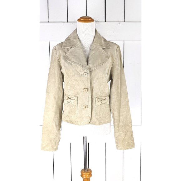 Vintage 90s beige suede leather fitted short blazer jacket